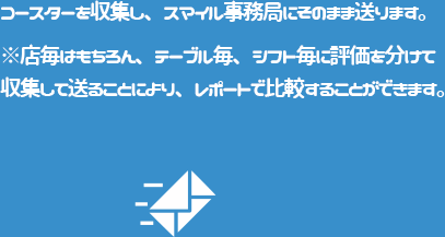 コースターを収集し、スマイル事務局にそのまま送ります。※店毎はもちろん、テーブル毎、シフト毎に評価を分けて収集して送ることにより、レポートで比較することができます。